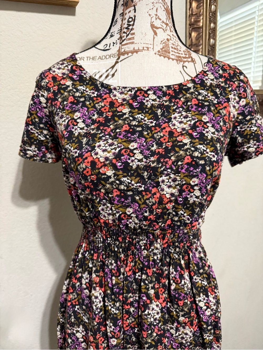 Forever 21 Black Floral Mini Dress with Red and Purple Blossoms